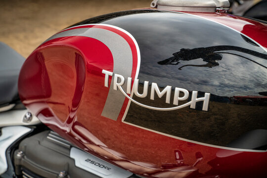 Loveland, CO, USA - August 26, 2022: Detail of Rocket 3 2500cc Triumph motorcycle with a logo on gas tank.