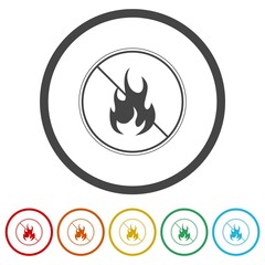 Camp Fire Burn Flame Ban Silhouette Icon. Set icons in color circle buttons