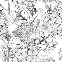 Fototapeta premium Garden flower illustration. Line vintage seamless pattern. Matthiola incana, lilies, peony spring line illustration.