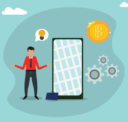 Business Man Thinking About Cryptocurrency, BTC future investment concept, Bitcoin analysis vector flat illustration