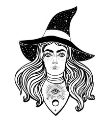 Young beautiful witch. Mystic character. Alchemy, spirituality, occultism, tattoo art. Isolated black and white vector illustration. Halloween concept. Wiccan woman.