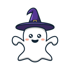 Cute white ghost wearing witch hat cartoon for Halloween