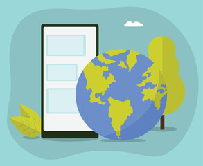 Earth green plants analysis flat vector illustration, Environmental research on earth make earth green, save the planet design on the blue background