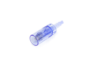 Tip with needles for microneedling procedure with dermapen, isolated on white background, macro photography