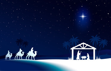 Fototapeta premium Blue Christmas Nativity scene background