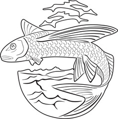 flying fish logo handmade line design vector