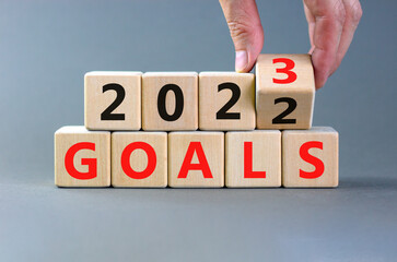 Planning 2023 goals new year symbol. Businessman turns a wooden cube and changes words Goals 2022 to Goals 2023. Beautiful grey table grey background, copy space. Business 2023 goals new year concept.