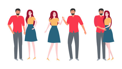 A set of couples in love, men and women holding hands, dancing and hugging. Flat vector illustration. Valentine's Day. The concept of love and relationships.