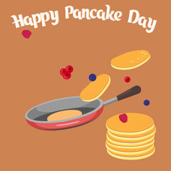 Fried pancakes in a frying pan, fresh berries. Beautiful design for happy Pancake Day. Bakery, homemade food, diy concept.