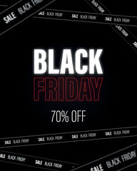 Black Friday Sale 70% off Banner Design. Text on black background. Vector Advertising Illustration