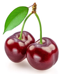 Sweet cherries with leaf isolated on white background.