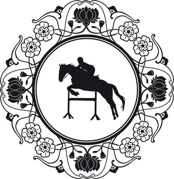 girl with horse jumping  and floral frame black design