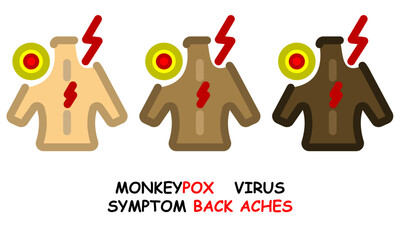 set of three monkeypox symptoms icons. flat icon with outline icon symptom of back aches monkeypox. icons of different skin tones.
