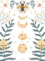 Magic moon night garden with insect moths flowers and plants