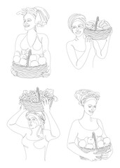 Collection. Silhouettes of a girl in a headscarf. The lady holds in her hands a basket with bananas and apples, grapes, oranges Woman in a modern one line style, contour. Vector illustration, set.