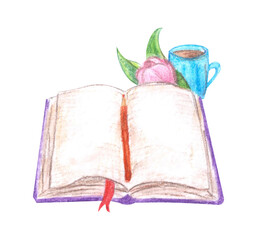 An open book with flowers and a cup of coffee drawn with watercolor pencils, isolated on a white background.