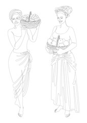 Collection. Silhouettes of a girl in a headscarf. The lady is holding a basket of apples and bananas in her hands. Woman in modern one line style. Solid line, outline, logo. Vector illustration, set.