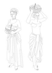 Collection. Silhouettes of a girl in a headscarf. The lady is holding a basket of apples and bananas in her hands. Woman in modern one line style. Solid line, outline, logo. Vector illustration, set.