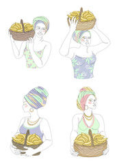 Collection. Silhouettes of a girl in a headscarf. The lady is holding a basket of bananas in her hands. Woman in modern one line style. Solid line, outline, logo. Vector illustration, set.