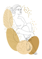 Silhouettes of the figure of a girl and a leaf of a plant in a modern one-line style. Solid line, aesthetic outline for home decor, posters, stickers, logo. Vector illustration.