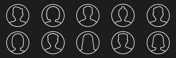 Men and women head linear icon set. Human avatar in line circle shape. Male and female profile symbol collection. Vector isolated on black. 