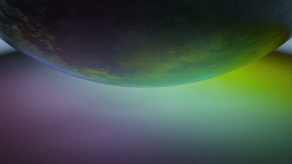 3D rendering. 3D high quality render. A background with a giant planet with purple and green colors. Wallpaper with a floating moon. Celestial body floating in space and with colorful lights.