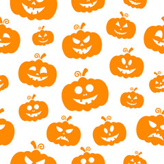 Pumpkin faces silhouettes seamless pattern. Halloween pumpkins texture. Vector isolated on white.