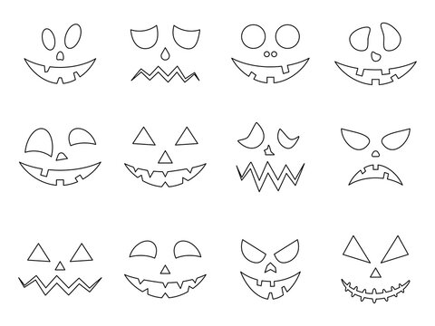 Scary line faces of Halloween pumpkins set. Horror ghost linear face collection. Vector isolated on white