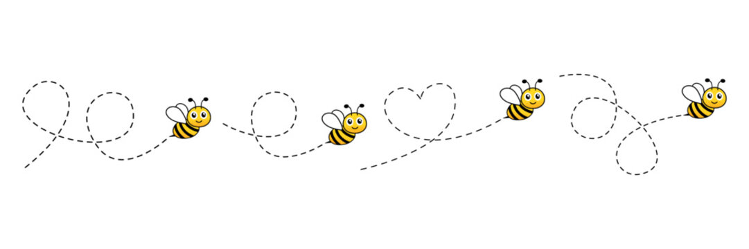Cartoon bee characters set. Bee flying on a dotted route. Vector illustration isolated on the white background.