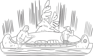indians with boat line art vector handmade design