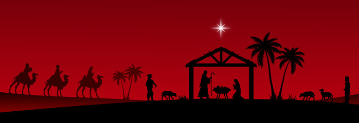 Red Christmas Nativity scene banner background. Vector illustration.