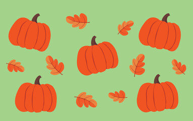 orange pumpkins pattern. Fallen leaves. Autumn season flat illustration