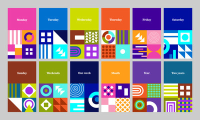 Vector set of covers for web and print. Set in abstract style with days of the week. Bright and dynamic covers with elements of geometric shapes for use in business, marketing, fashion, etc.