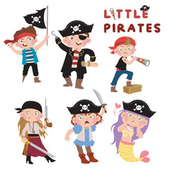 Set of cute little pirates on white background for kids fashion artworks, children books, birthday invitations, greeting cards, posters. Fantasy cartoon vector illustration.