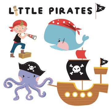 Set of cute little pirates on white background for kids fashion artworks, children books, birthday invitations, greeting cards, posters. Fantasy cartoon vector illustration.