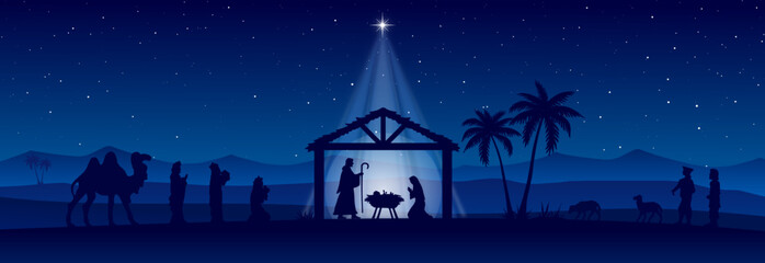 Blue Christmas Nativity scene banner background. Vector illustration.