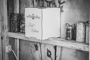 Wedding details. Wedding box in black and white.
