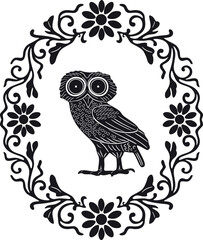 owl bird with flower frame black design