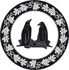 two penguins in love with floral frame black design