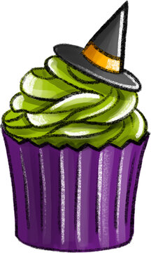 Halloween Cupcake With Hat Of Witch And Green Cream