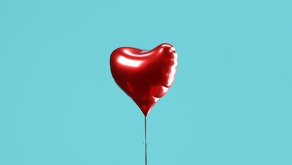 Shiny red heart balloon isolated on blue background. Valentines day, romantic. 3D render