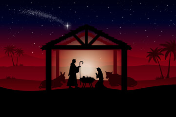 Blue and red Christmas Nativity scene in the desert greeting card background. Vector EPS10.