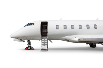 Close-up of the front of the modern white private jet with an opened gangway door isolated on white...