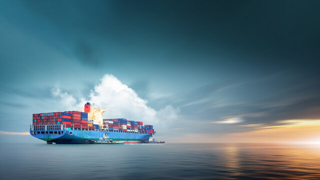 Container cargo ship in ocean at sunset dramatic sky background with copy space, Nautical vessel and sea freight shipping, International global business logistics transportation import export concept