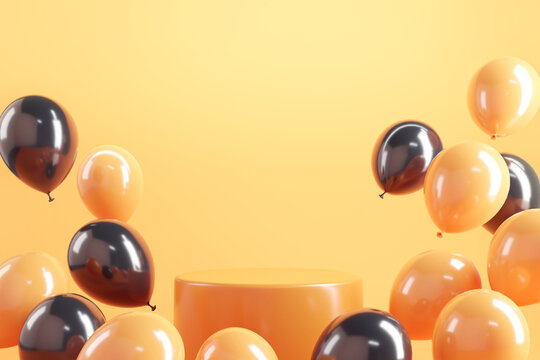 Orange podium and minimal abstract background for Halloween, 3d rendering, Stage for product decorated with balloons