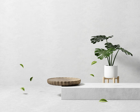 3D rendering abstract platform podium product presentation with plant backdrop