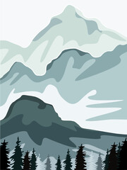 Landscape with a silhouette of a coniferous forest against the backdrop of snowy mountains.