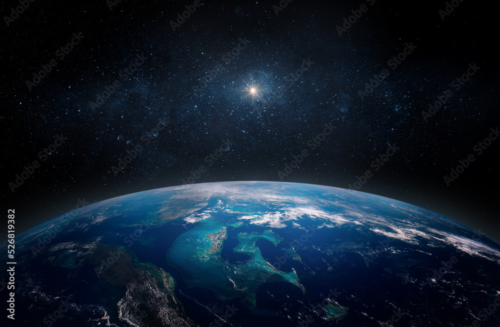 Wall mural panoramic view of the earth and star. sunrise over planet earth, view from space. elements of this i
