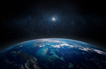 Panoramisch zicht op de aarde en de ster. Zonsopgang boven de planeet Aarde, uitzicht vanuit de ruimte. Elementen van deze afbeelding geleverd door NASA