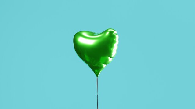 Shiny Green Heart Balloon Isolated On Blue Background. Valentines Day, Romantic. 3D Render